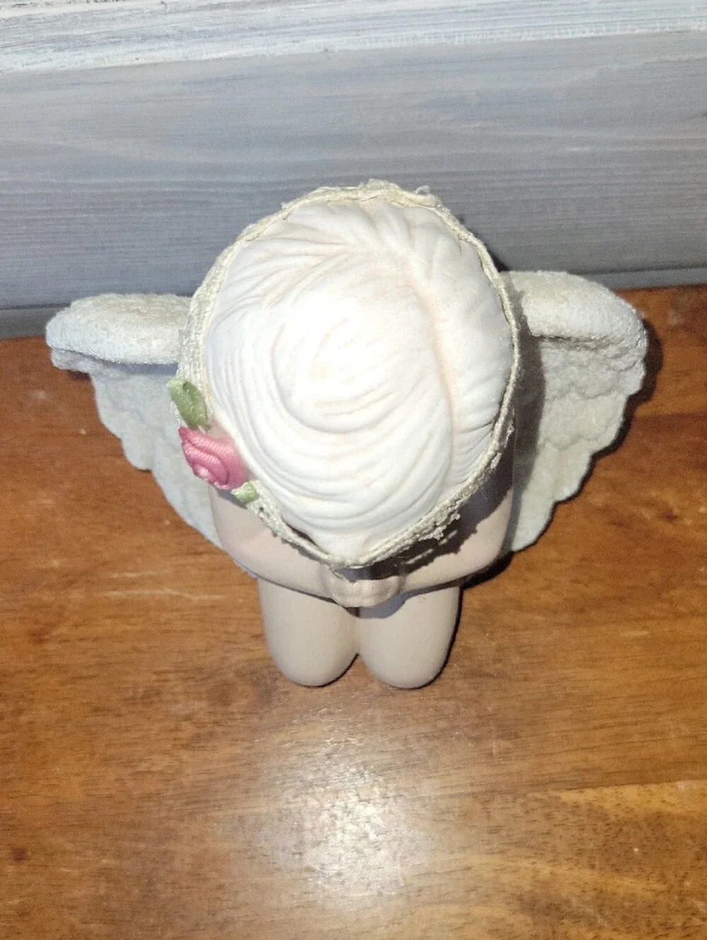 Cream Praying Angel Figurine with Pink Rose Crochet Headband Vintage